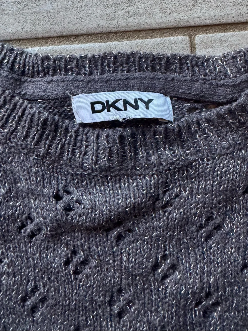DKNY Charcoal Eyelet Knit Short-Sleeve Poncho Cape Sweater